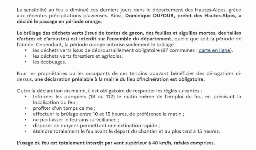 INFORMATION TRANSMISE PAR LA PREFECTURE DES HAUTES-ALPES